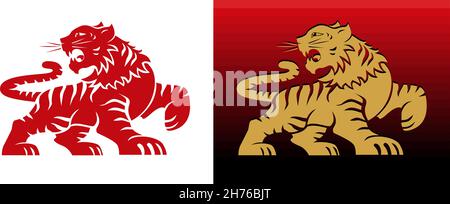 Chinese new year 2022 year of the tiger. Red and gold vector tiger in chinese style Stock Vector