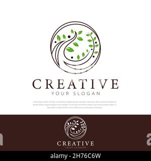 Tree logo design symbol Circle minimalistic line green leaves of life Logo vector illustration nature tree modern design Stock Vector