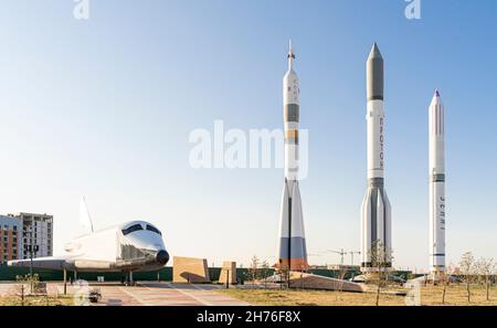Life-size models of Buran and rocket missiles Soyuz, Zenith, Proton in National Space Center, Astana, Nur-Sultan, Kazakhstan, Central Asia Stock Photo
