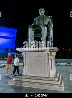 Sculpture of first President of Kazakhstan Nursultan Nazarbaev sitting in the chair, bronze, July 2021. The elbasy, ruler of Kazakhstan. Nur-Sultan Stock Photo