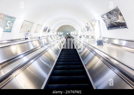 Escalator stairs in Auezov Theater - Almaty Metro station entrance . The subway station was opened in 2011. Almaty, Kazakhstan Stock Photo