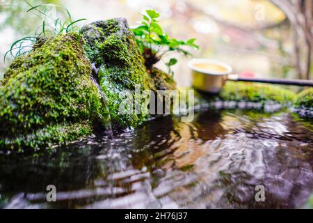 Water ladle for cleansing at the Buddhist temple at Inokashira Park during autumn. In Kichijoji, Tokyo, Japan Stock Photo