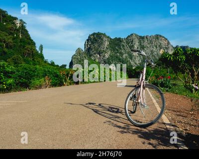 Old pink vintage style bicycle standing parked on the rural countryside road between the green trees and flowers on the side with little rock mountain Stock Photo