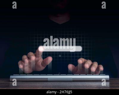 Searching icon on search engine bar pointing by man's finger while using computer keyboard with network background. Blank search tab. Searching browsi Stock Photo