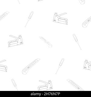 Pattern flat screwdriver and construction knife, construction stapler with a simple, classic shape. Linear design. On a white background. Tools for Stock Vector