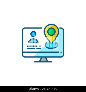 Online shopping personal account with avatar and location pointer on a computer. Pixel perfect, editable stroke colorful icon Stock Vector