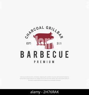 Vintage roast pork knife illustration, Silhouette, Roast pork, pork chops with vintage butcher knife logo design Stock Vector