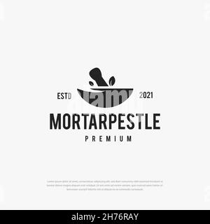 Mortar pestle logo premium hipster leaf bowl vector icon Stock Vector