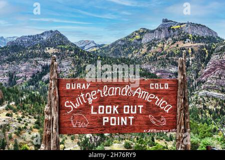 Switzerland of America sign at lookout point along Million Dollar Highway in San Juan National Forest - Ouray, Colorado, USA - October, 2021 Stock Photo