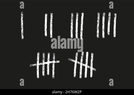 Tally mark number lines on the wall. Hand drawn sticks for counting time in prison. Vector illustration design set. Stock Vector