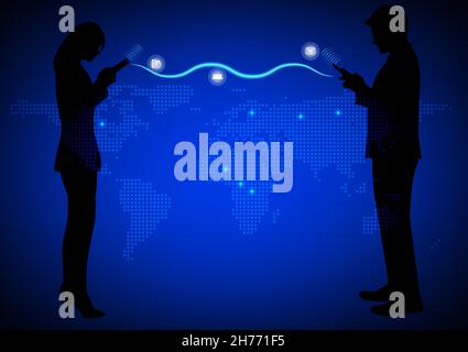 silhouette woman and man using smartphone connection technology  concept using smartphone Global network connection vector illustration Stock Vector