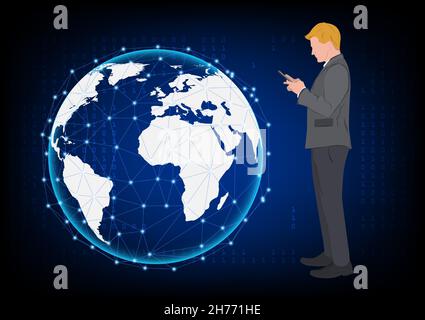 silhouette man using smartphone connection technology  concept using smartphone Global network connection vector illustration Stock Vector