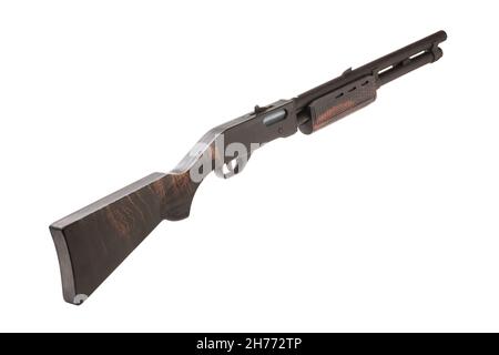 Wooden toy semi-automatic handmade shotgun isolated on white background Stock Photo