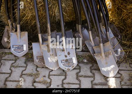 Buftea, Romania - 20 November, 2021: Fiskars shovels after a tree plantation. Stock Photo