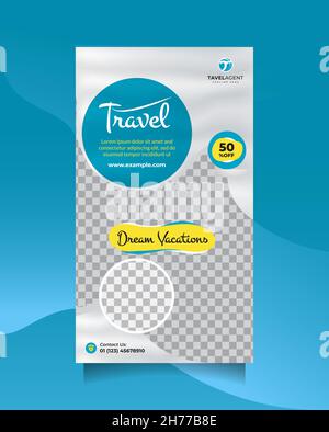 Creative template design for social media story and banner for Travel sale and tour marketing agency with modern silver and blue color Stock Vector