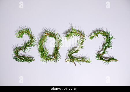 Lightbox with 2022 numbers handmade from Christmas tree branches. Stock Photo