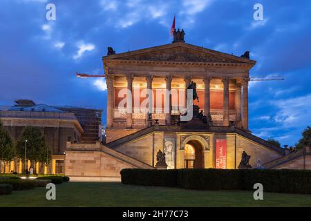 Berlin, Germany, Old National Gallery (Alte Nationalgalerie) building on the Museum Island illuminated at night, city landmark, Neoclassical and Renai Stock Photo