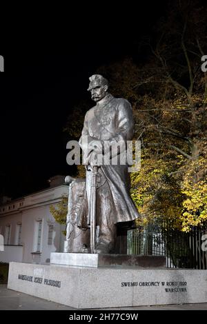 Marshal Józef Piłsudski monument by night at Belweder Palace in city of Warsaw in Poland. Stock Photo