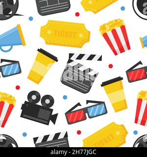 Flat cinema seamless pattern design with film reel, clapper, popcorn, 3D glasses, for print, fabric and web-design on white Stock Vector