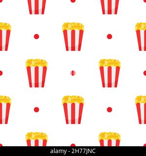 Popcorn. Seamless pattern with popcorn pack. Vector illustration in flat cartoon design on white. Stock Vector