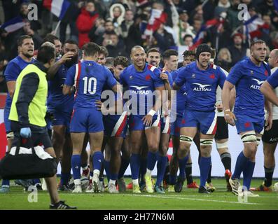 Gael Fickou of France and teammates celebrate a try during the Autumn Nations Series 2021, rugby union test match between France and New Zealand (All Blacks) on November 20, 2021 at Stade de France in Saint-Denis near Paris, France - Photo: Jean Catuffe/DPPI/LiveMedia Stock Photo