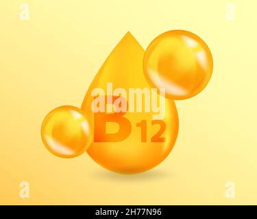 Vitamin B12 Cyanocobalamin. Realistic Vitamin drop B12 Cyanocobalamin design. 3D Vitamin complex illustration concept. Stock Vector