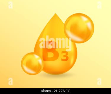 Vitamin B3 Niacin. Realistic Vitamin drop B3 Niacin design. 3D Vitamin complex illustration concept. Stock Vector
