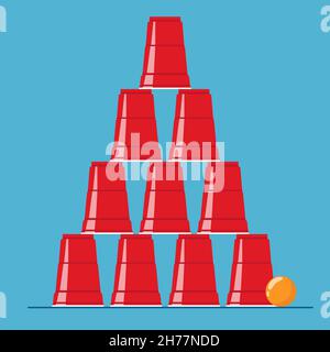 Red beer pong pyramyd illustration. Plastic cups and ball. Traditional party drinking game. Vector Stock Vector