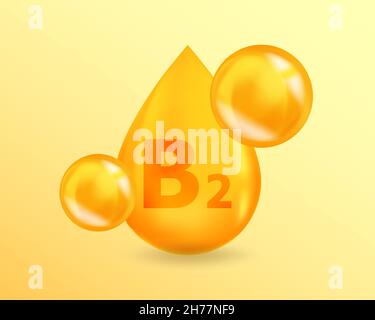 Vitamin B2 Riboflavin. Realistic Vitamin drop B2 Riboflavin design. 3D Vitamin complex illustration concept. Stock Vector