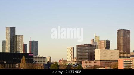 A high level view of new skyscrapers or high rise buildings in central Manchester, England, United Kingdom. Stock Photo