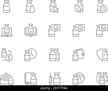 Set of coronavirus vaccine line icons. Medical ampoule, vaccination, global immunization, serum, covid 19 and more. Stock Vector