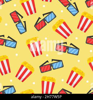 Vector seamless pattern with cinema symbols. Popcorn and 3d glasses on yellow baclground. Movie concept Stock Vector