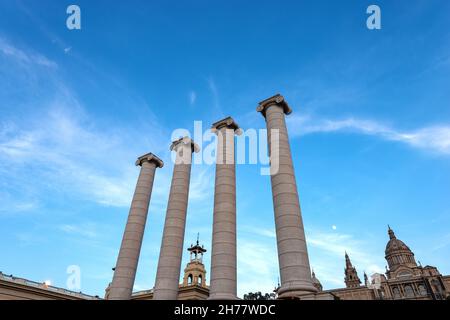 The four columns with Ionic capitals (Quatre Columnes, Catalan) symbolize the four stripes of the Catalan flag (Senyera). Montjuic hill, Barcelona. Stock Photo