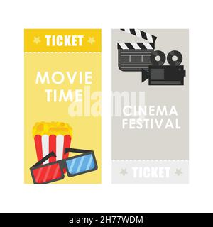 Cinema concept poster or ticket template with popcorn and cinema equipment - vector illustration - set of two banners Stock Vector