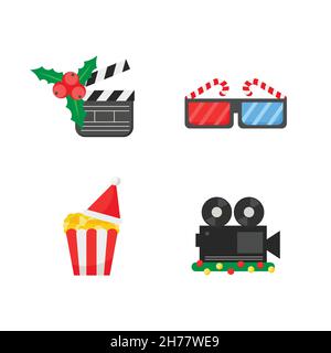 Christmas cinema. Set of Christmas icons - movie theme. Colored cartoon design isolated on white background. Stock Vector