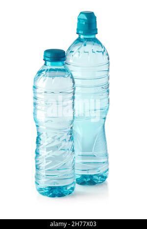 two blue plastic water bottles isolated on white background with clipping path Stock Photo