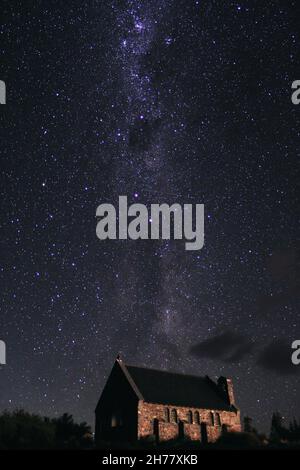 The milky way above the Church of the Good Shepherd in New Zealand Stock Photo