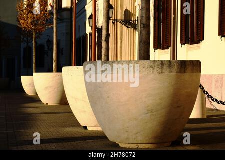 isolated large white concrete tree planter pots in diminishing perspective. small trees in brown autumn leaf colors. stucco facade and sctreetscape Stock Photo