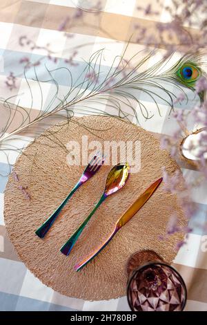 stylish cutlery for festive table setting. festive decor. Stock Photo