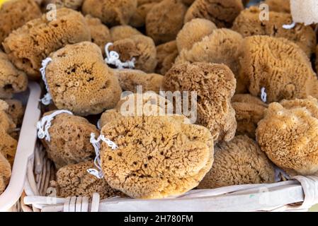 Natural sponges in local market. Symi island. Greece Stock Photo