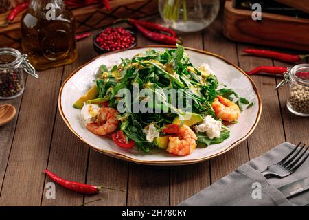 Gourmet shrimp salad with avocado and arugula Stock Photo