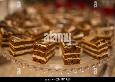 dessert cake on the buffet table in the restaurant. Stock Photo