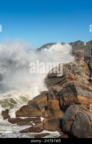 Waves splashing on the Cliff in the small village of Tellaro, in the Gulf of La Spezia, Liguria, Italy, Europe Stock Photo