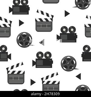 Film reel and clapperboard - seamless pattern on white, movie and film industry, vector illustration Stock Vector