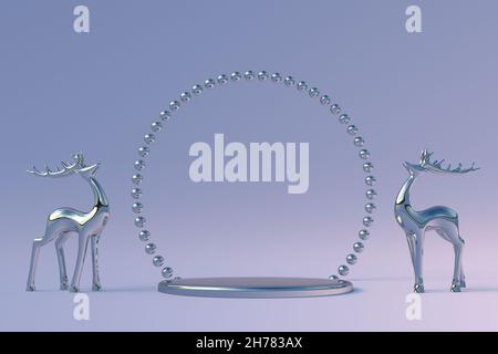 3D violet podium with magic deers and round arch. Minimal abstract geometric studio, winter Christmas and New Year composition Stock Photo