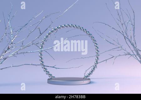 3D silver blue pedestal display with stand podium on pastel background with abstract branches. Blank Exhibition