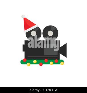 Video camera or Film Projector with red christmas santa hat Vector Flat Icon on white Stock Vector