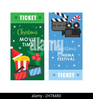 Christmas Cinema concept poster or ticket template with popcorn and cinema equipment Stock Vector