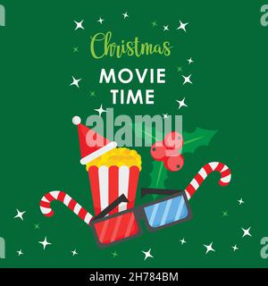 Christmas movie time. Cartoon banner on a green background with popcorn and 3D glasses. Holiday concept Stock Vector