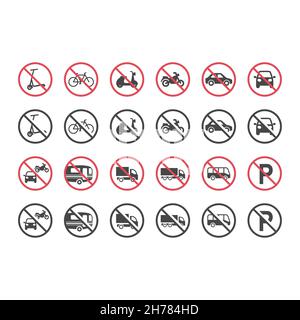 Red prohibition motor vehicles sign set. No cars, bus, motorcycles icon set. Stock Vector